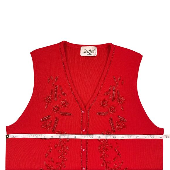 Vintage | M | Jessica | Beaded Knit Vest | Red | Cottagecore | Festive | Holiday - Picture 15 of 16